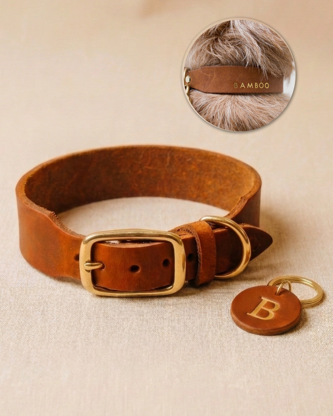 Personalisierbares Lederhalsband mit Name | Cognac