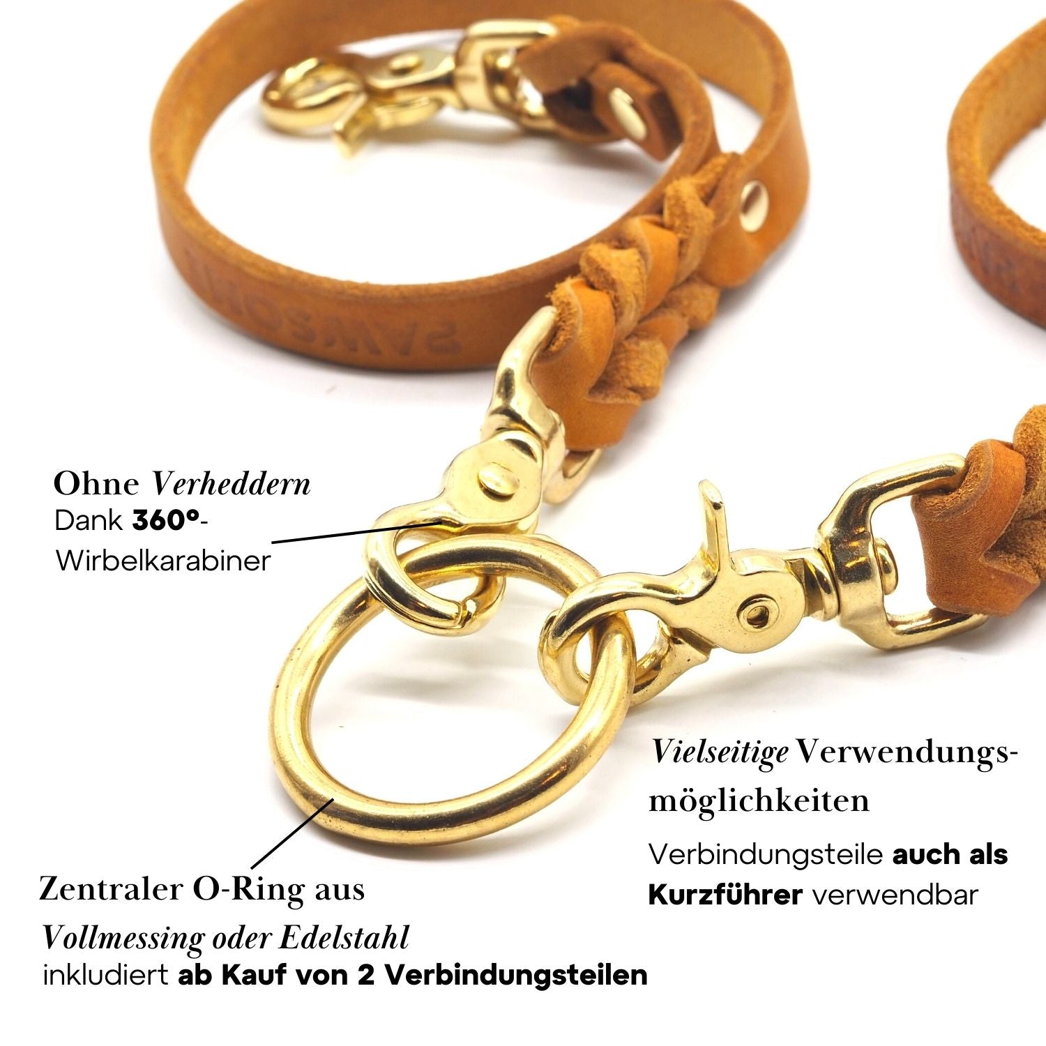 Komplett-Set | 2 Stück Verbindungsteile aus Leder inkl. Ring - für 2 Hunde an einer Leine