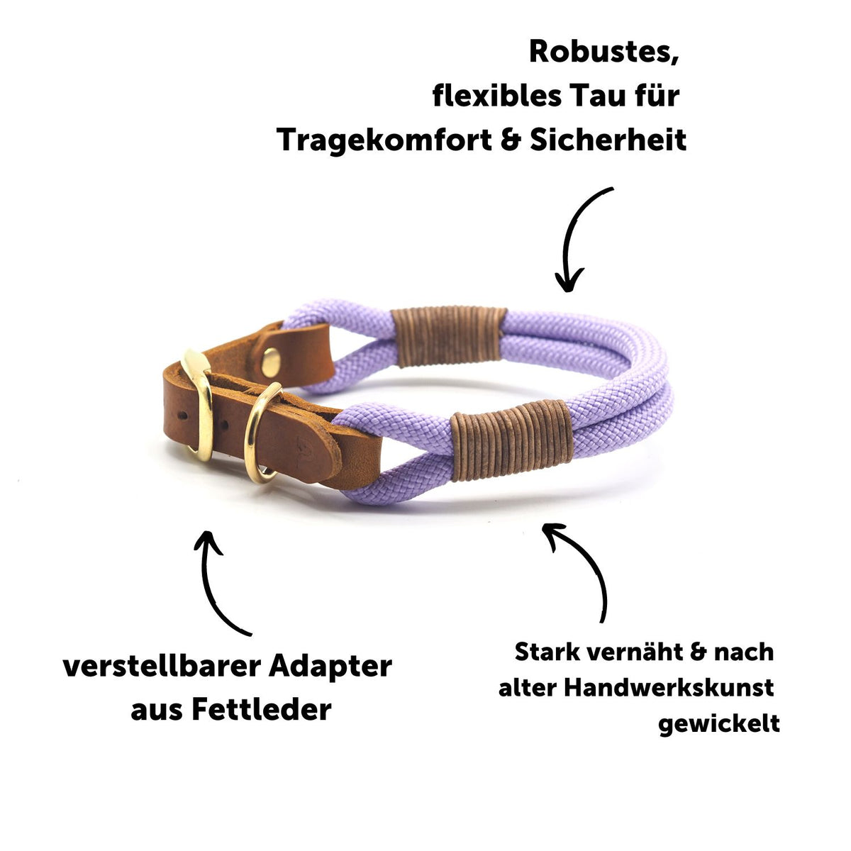 Tauhalsband 'Lavendel' aus Kletterseil nach Maß: Detailansicht von Kletterseil, Fettleder-Wicklung und Beschlägen – Pawsome Hundezubehör