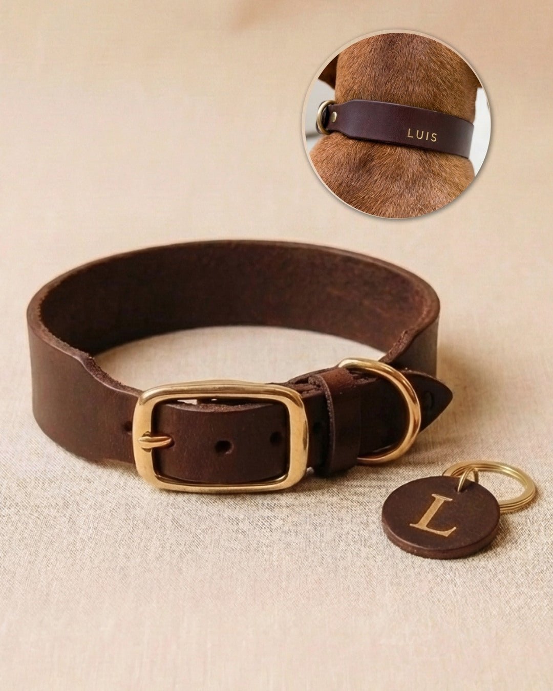 Personalisierbares Lederhalsband  mit Name | Kastanie