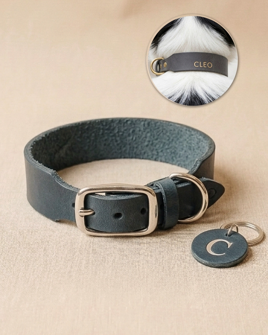 Personalisierbares Lederhalsband  mit Name | Steingrau