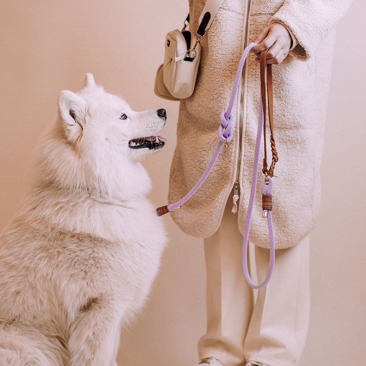 Tauleine 'Lavendel' aus Kletterseil, handgefertigt: Leder-Handschlaufe und Karabiner der Tauleine im Detail – Pawsome Hundezubehör