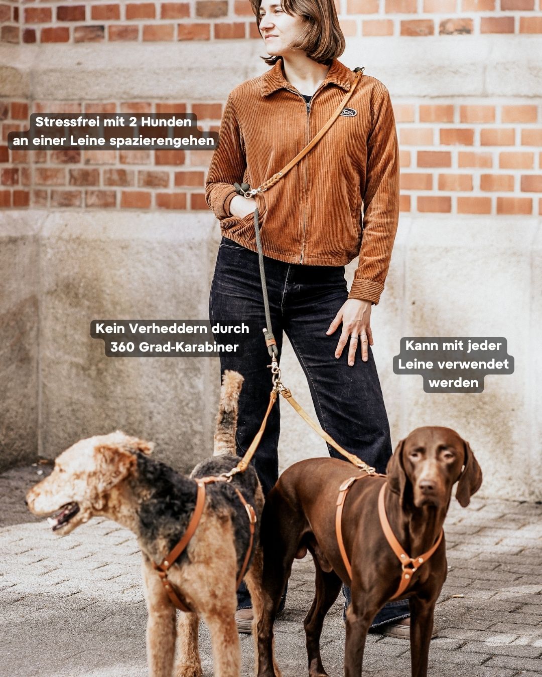 Komplett-Set | 2 Stück Verbindungsteile aus Leder inkl. Ring - für 2 Hunde an einer Leine